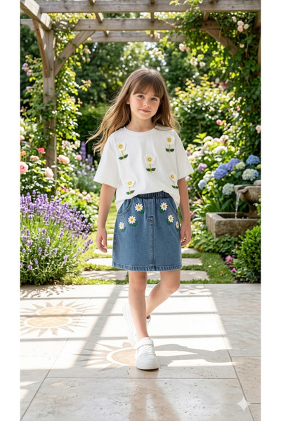 NURTOPU Σετ για κορίτσια με τζιν φούστα, σετ μπλούζα-παντελόνι, με μοτίβο κέν...