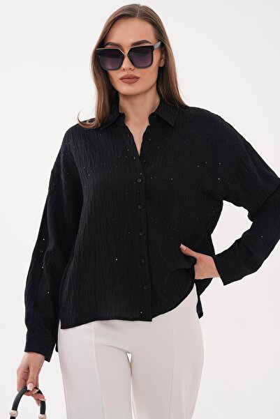 ŞİMAL Γυναικείο πουκάμισο με λαμπερές χάντρες και λεπτομέρεια στα μακριά μανί...