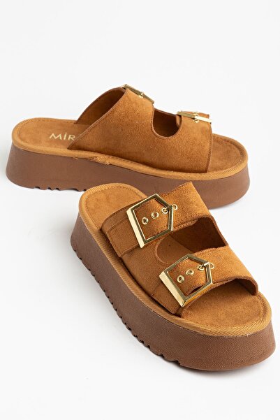 Moda Eleysa Women's Tan Suede High PU Sole Double Buckled Slipper