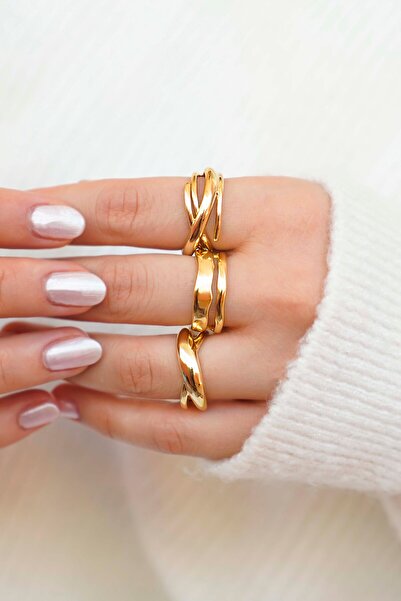 THE Steel Women's Gold 3-Piece Ring Set Modern Twist Combination Ring