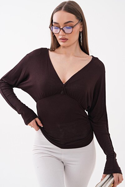 ŞİMAL Γυναικεία διαφανής μπλούζα με λεπτομέρεια με κορδόνια και λαιμόκοψη V 2...