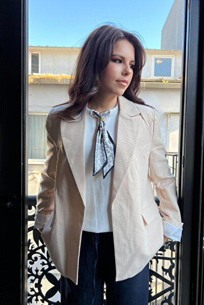 thesunfyre Γυναικείο μπλέιζερ μεγάλου μεγέθους με ριγέ επένδυση από λινό με δ...