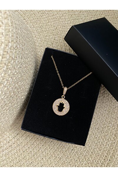 Ezremu Store Zirkon Taşlı Fatma Ana Eli Gold Çelik Kolye
