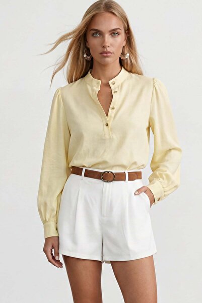 Trend Alaçatı Stili Γυναικεία κίτρινη μπλούζα με γιακά, μισό πέτο, μανίκια μπ...