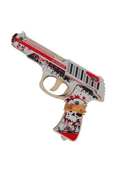 LimArt Pistol de lemn cu elastice pentru copii, design cu cranii, roșu/alb