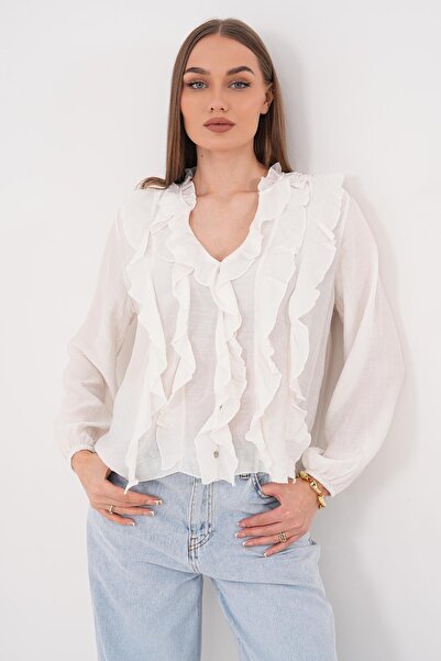 ŞİMAL Дамска блуза с V-образно деколте и детайли с волани 260502