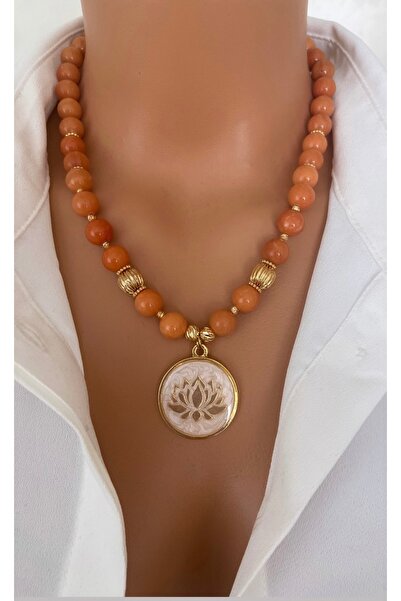 TARZ-I TAKI Natural Stone 10 mm Orange Agate Design Special End Lotus Women's...