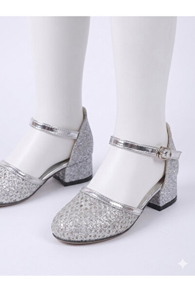 Girls' Heeled Shoes with Silver Mesh