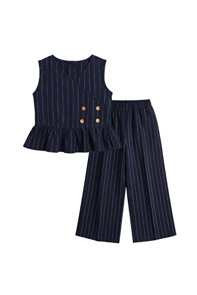 Butik Kiz Çocuk Lacivert Beyaz Çizgili Pamuk Keten Takım - 2'li