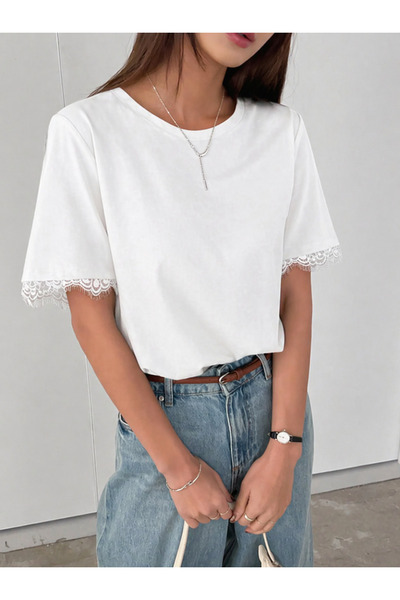 MOONBULL Γυναικείο μπλουζάκι με κοντό μανίκι με δαντέλα σε αντίθεση, φαρδύ γι...