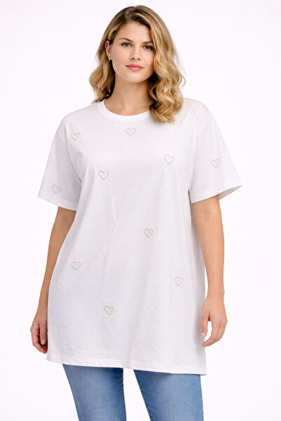 Şans Γυναικεία Μπλούζα Μεγάλου Μεγέθους Λευκή, με Σχέδιο Καρδιάς και Χάντρες,...
