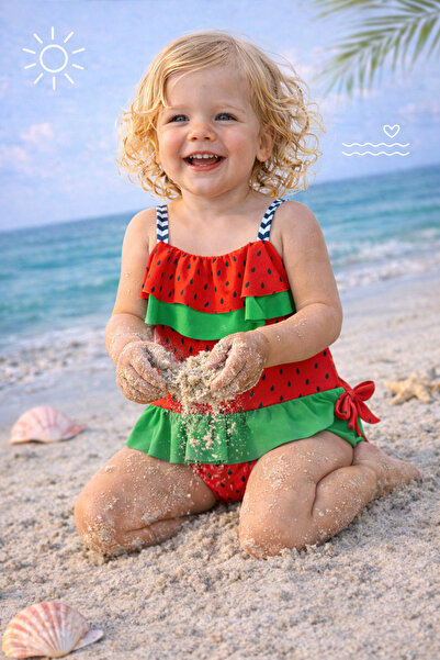 mini kanka Κοριτσίστικο μαγιό/μπικίνι με σχέδιο καρπούζι και βολάν, ρούχα παρ...