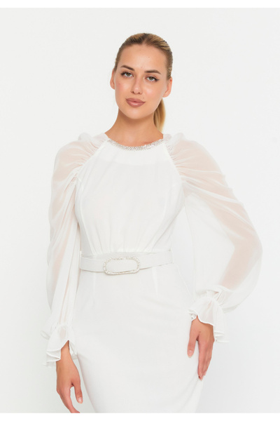 Sienna Fashion Πάουλα Λευκό Μίντι Φόρεμα