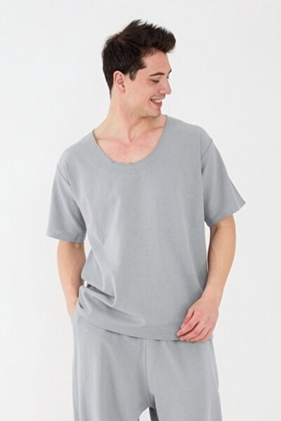 RELAXL Tricou pentru bărbați, mărime mare, 100% bumbac, cu guler larg, gri de...