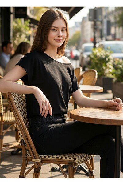 DEVRİMAY TEKSTİL Black Asymmetrical Boat Neck Bat Sleeve Blouse