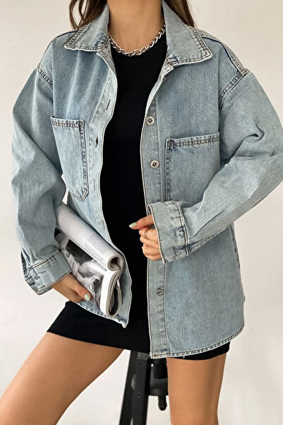 SUN BUTİK Blue Double Pocket Denim Shirt Jacket
