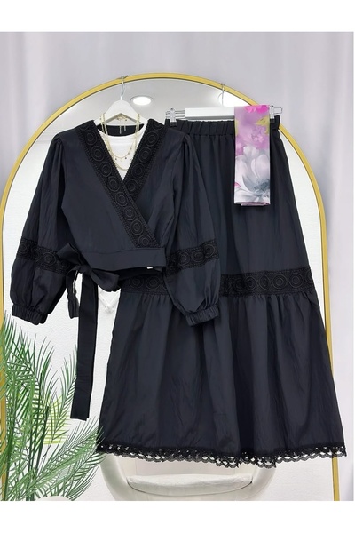 MODA VEDAT Set de fustă elastică cu mâneci legate cu dantelă pentru femei -0750