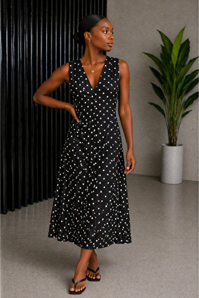 kikiriktekstil 10836 Γυναικείο μαύρο φόρεμα με λαιμόκοψη halter, πουά σχέδιο,...