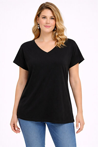 Şans Γυναικεία Μπλούζα Μεγάλου Μεγέθους Μαύρη με Λαιμόκοψη V 65N39475