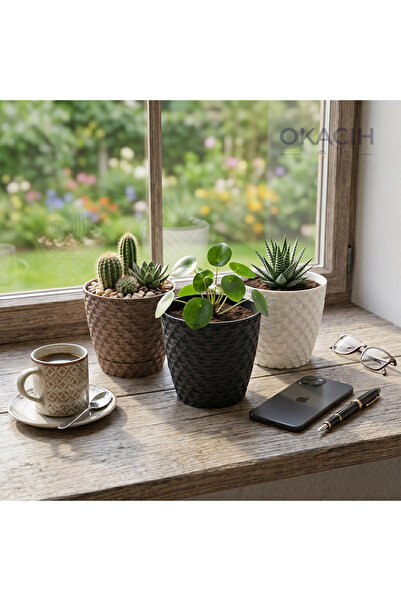 okacih 3’lü Dekoratif Hasır Desenli Saksı Seti 11 cm 0.75 Lt Rattan Görünümlü...