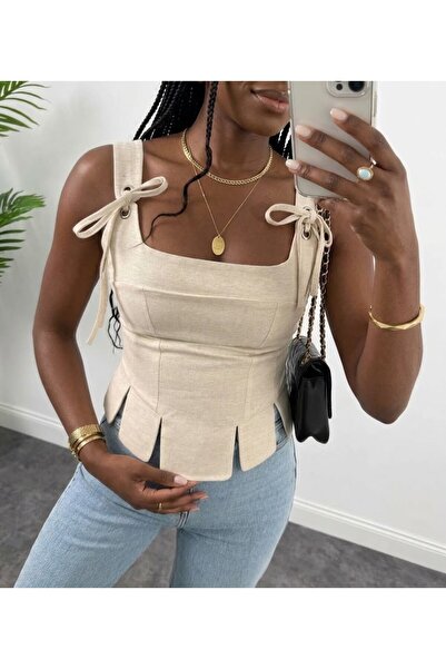LOKADI Μπεζ μπλούζα με τετράγωνο γιακά, λινή υφή, λεπτομέρεια κορσέ και κομψέ...