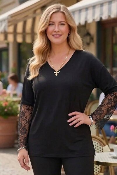 tarzımsüper Γυναικεία κομψή και άνετη μπλούζα με μαύρα δαντελένια μανίκια σε ...