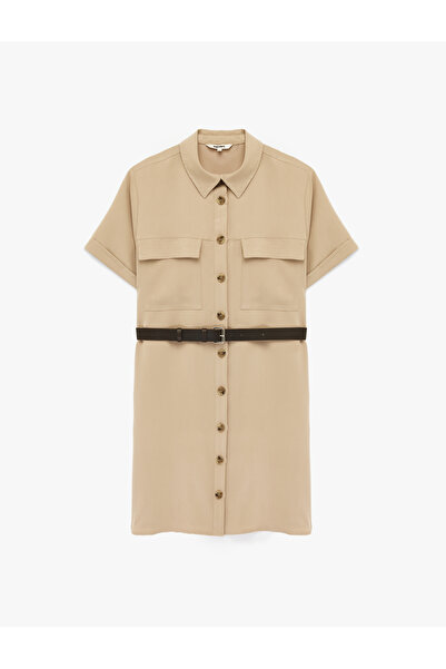 Koton Μίνι φόρεμα-πουκάμισο από ύφασμα Modal Cupro με κοντά μανίκια, ζώνη και...