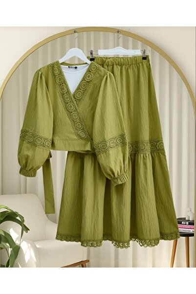 MODA VEDAT Set de fustă elastică cu mâneci legate cu dantelă pentru femei -0750