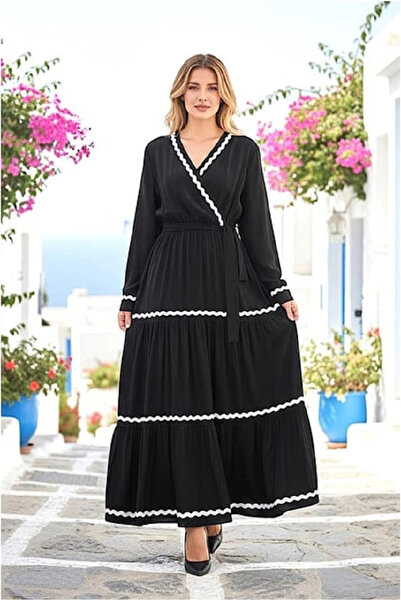 AZRA BUTİK Διπλόστρωτο μακρύ φόρεμα με γιακά, μαύρο