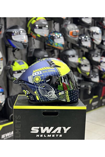 Sway Laci Sarı Skull Desen Ayna Vizör Full Face Kask Ece 22.06 ABS Güvenlik