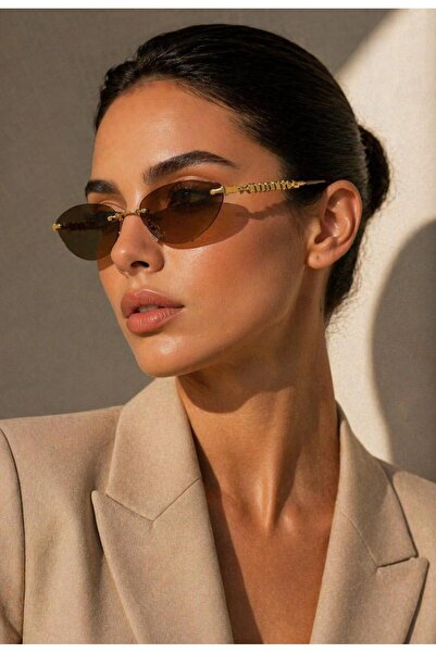 LUXURIOUS CRYSTAL GOLD KNITTED DETAILED COFFEE SUNGLASSES FOR WOMEN