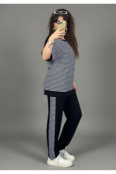 AZRA BUTİK Σετ με ριγέ λαιμόκοψη ποδηλατικού τύπου σε μαύρο χρώμα