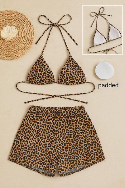Imoda Kadın Leopar Desenli Şortlu Belden ve Boyundan Bağlamalı Bikini Takımı