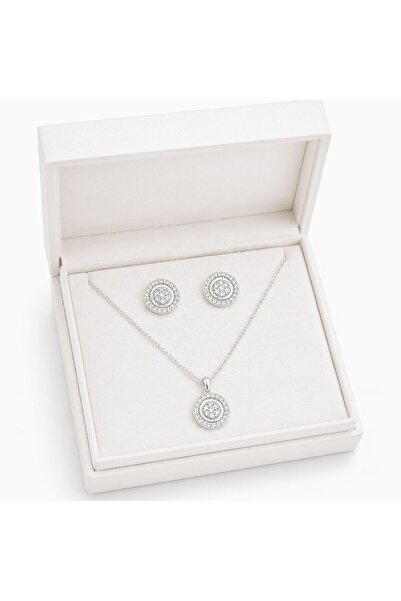 Metay Silver Yuvarlak Zirkon Taşlı Hediyelik Küpe Ve Kolye 925 Ayar Gümüş Set
