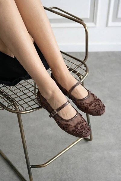 NAVİSHOES Καφέ Γυναικείο Διχτυωτό Κέντημα με Χάντρες Ελαστικό Εύκολο στην Εφα...