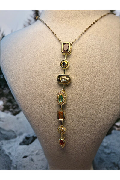 Melanj Craft Colorful Stone Y Steel Necklace - Gold