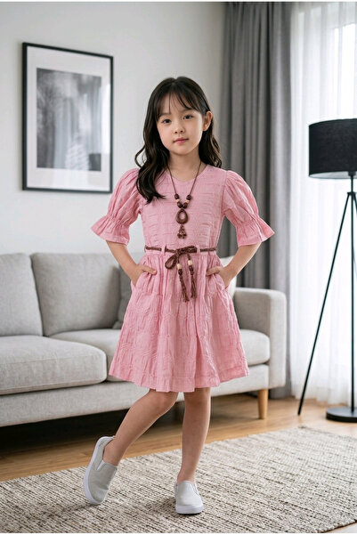 BBS Κοριτσίστικο ροζ μποέμ φόρεμα - Με λεπτομέρειες από κορδόνια και ψάθινη ζ...