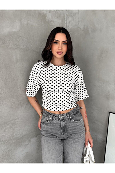 Noa&Noa Γυναικεία μπλούζα πουά – Κοντομάνικο λευκό κομψό crop top