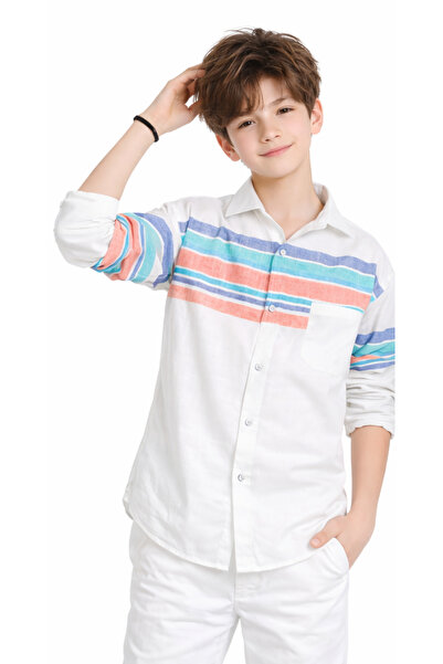İrem Çocuk Giyim Boy's Color-Shifted Button-Closure Long Sleeve Seasonal Whit...