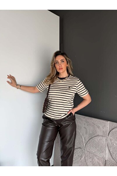 Zerrincan Giyim Cream Striped Cotton Ami Tshirt