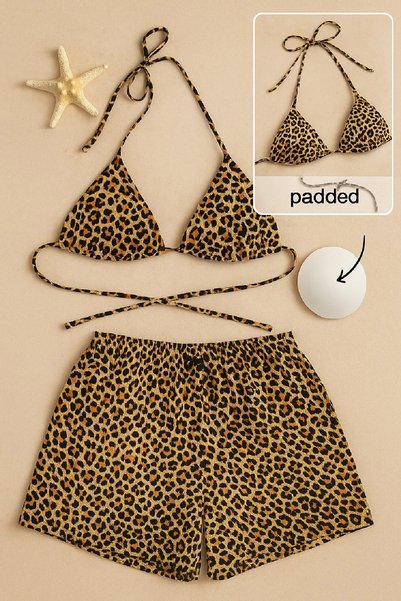 Imoda Kadın Leopar Desenli Şortlu Belden ve Boyundan Bağlamalı Bikini Takımı