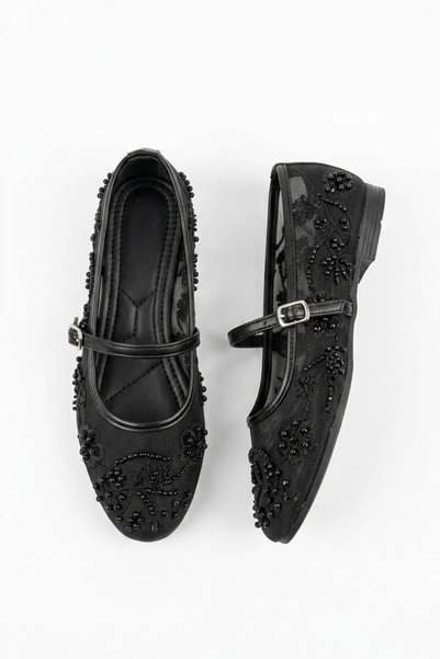 NAVİSHOES Black Women's Mesh Embroidery Beaded Elastic Easy-To-Wear Summer Dowry Bundle Ballerina F01Nav