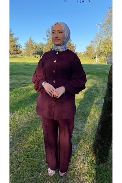 MODA MeliSiL Tesettür Bordo Takım Karpuz Kol