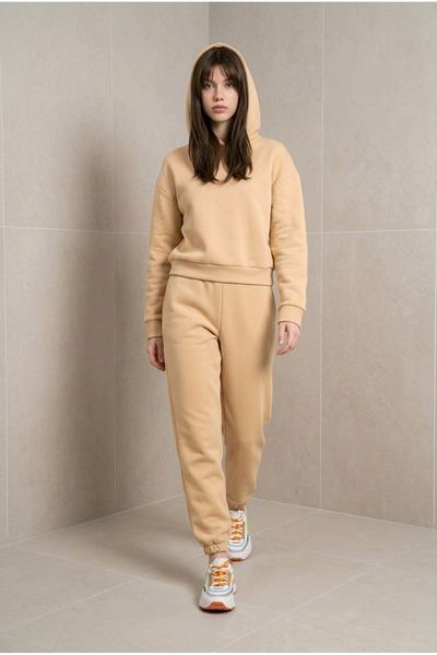 BBS Γυναικείο Σετ Φόρμας Μπεζ με Κουκούλα - Τριπλό Νήμα Ριζωτό Oversize