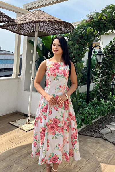 Lusin Γυναικείο ροζ φλοράλ αμάνικο φόρεμα με επένδυση σε γραμμή Α, καλοκαιριν...