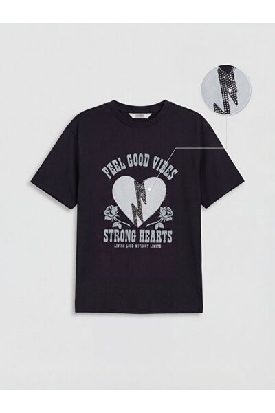 LC Waikiki Rmz Gi̇yi̇m Farkiyla Printed Stone Detailed Girls' T-Shirt