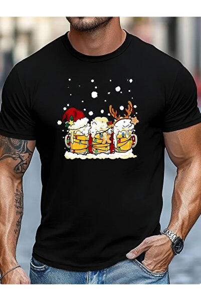 yiou trendy clothing تي شيرت مطبوع عليه كوب بيرة بتصميم عيد الميلاد