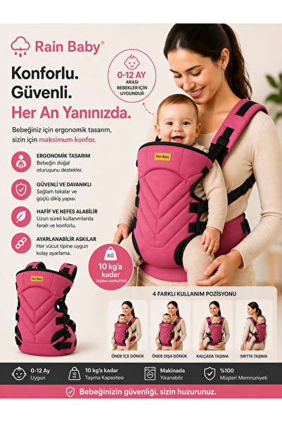 Rain Baby Ergonomik Bebek Kanguru Taşıyıcı 0-12 Ay – Çok Pozisyonlu, Nefes Al...