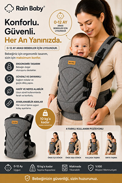 Rain Baby Ergonomik Bebek Kanguru Taşıyıcı 0-12 Ay – Çok Pozisyonlu, Nefes Al...