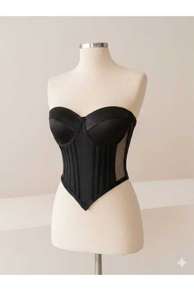 FİYPER Μαύρο σατέν κορσέ μπουστάκι με διαφανές πλαϊνό πάνελ